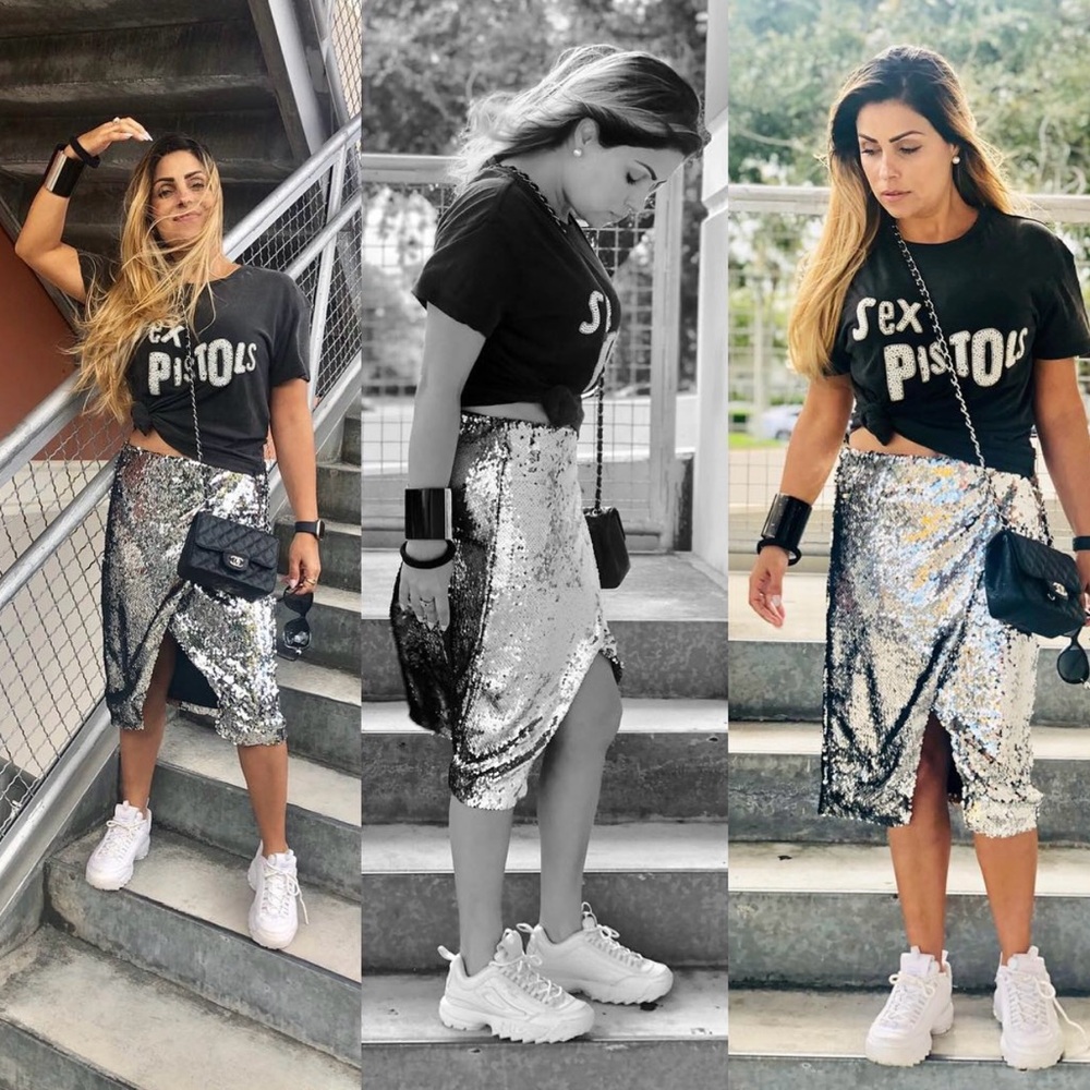 Bershka Sequin Skirt in Black and Silver